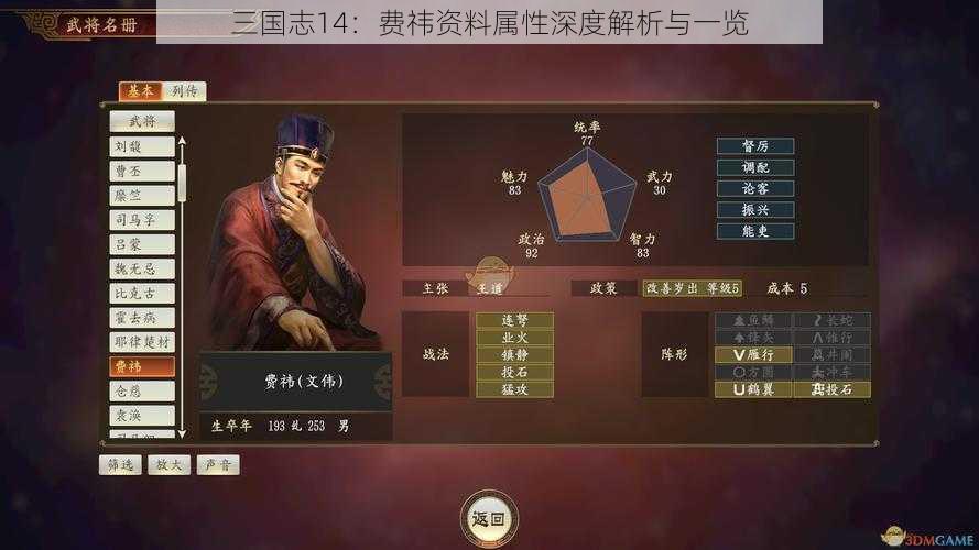 三国志14：费祎资料属性深度解析与一览